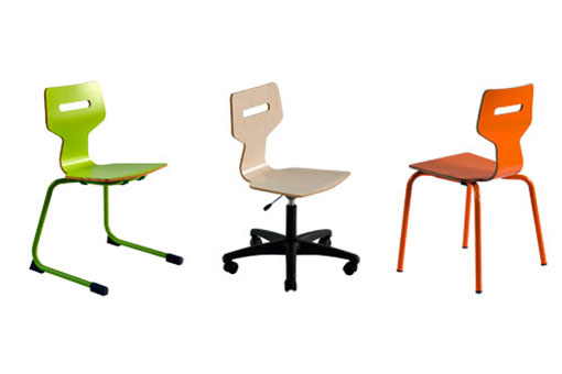 Stühle der Gripz Serie als Freischwinger, Drehstuhl und Vierfußstuhl mit Sitzschale aus Holz